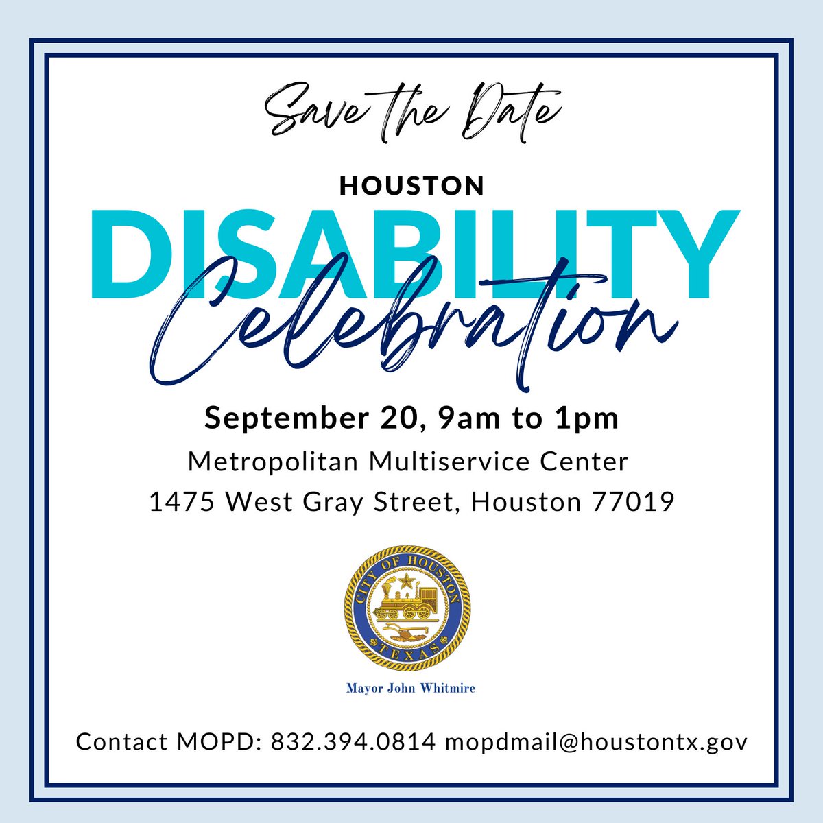 Save the date! You're invited to the Houston Disability Celebration on Friday, Sept. 20, 9am to 1pm. Join MOPD at MMSC, 1475 West Gray Street, for community vendors, performances by artists with disabilities, and the Champion of Inclusion (COIN) Awards. More details coming soon!