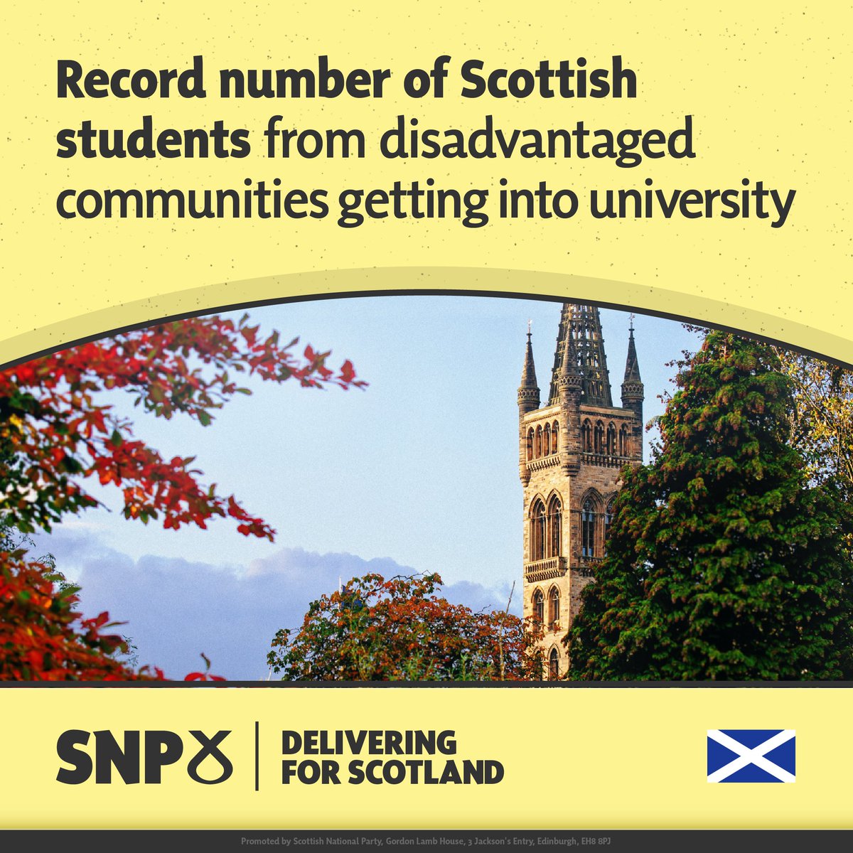 theSNP's tweet photo. 🎓 Record numbers of Scottish students from disadvantaged communities have gained places at UK universities this year, up by 12% on last year.

📈 A record number of Scottish students have secured places at Scottish universities, up by 7% to 31,220. https://t.co/88cd9NUrwR