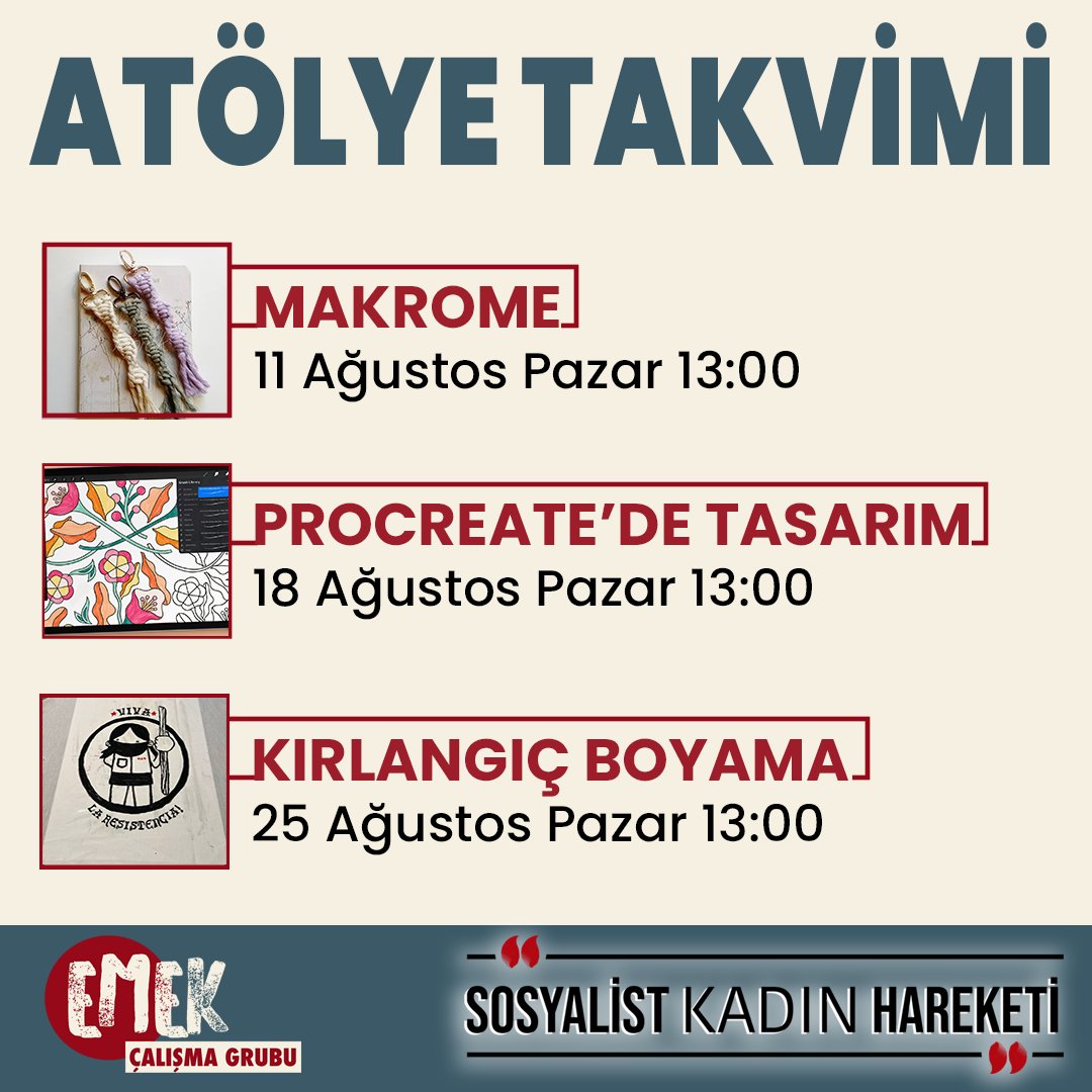 skadinhareketi's tweet photo. 📢Pazar günleri üretim atölyelerinde buluşuyoruz!

🔻11 Ağustos'ta Makrome,
🔻18 Ağustos'ta Procreate'de Tasarım,
🔻25 Ağustos'ta Kırlangıç Boyama

atölyelerinde bir araya geliyor, birlikte üretiyoruz.
Takvimi kaydetmeyi sakın unutma!

Adres: Serasker Cd. No:35 D:5 Kadıköy https://t.co/3kN5Iftlbo