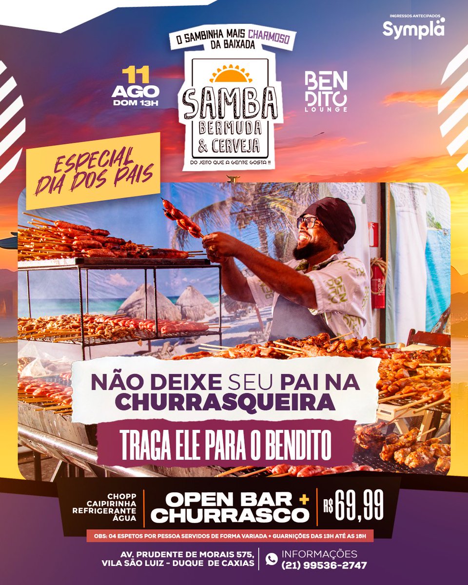 Traga seu pai para curtir o domingo no Bendito! Nada de fazer almoço, domingo é CHURRASKADA de Dias dos Pais no Bendito Lounge!🤩

Compre seu ingresso no SYMPLA🎟 

sympla.com.br/evento/churras…