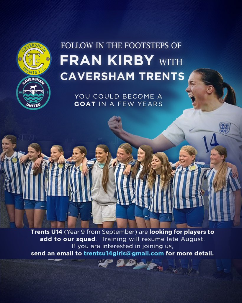 📣 OUR PARTNER CLUB NEED YOU 📣

Caversham Trents U14 (Year 9 in September) are looking for players to add to their squad, ahead of training resuming in late August. ⚽️

We can vouch for them - as can our friend <a href="/frankirby/">Fran Kirby</a> - they’re a great club and a route into <a href="/CavershamUtdWFC/">Caversham United Women</a>!
