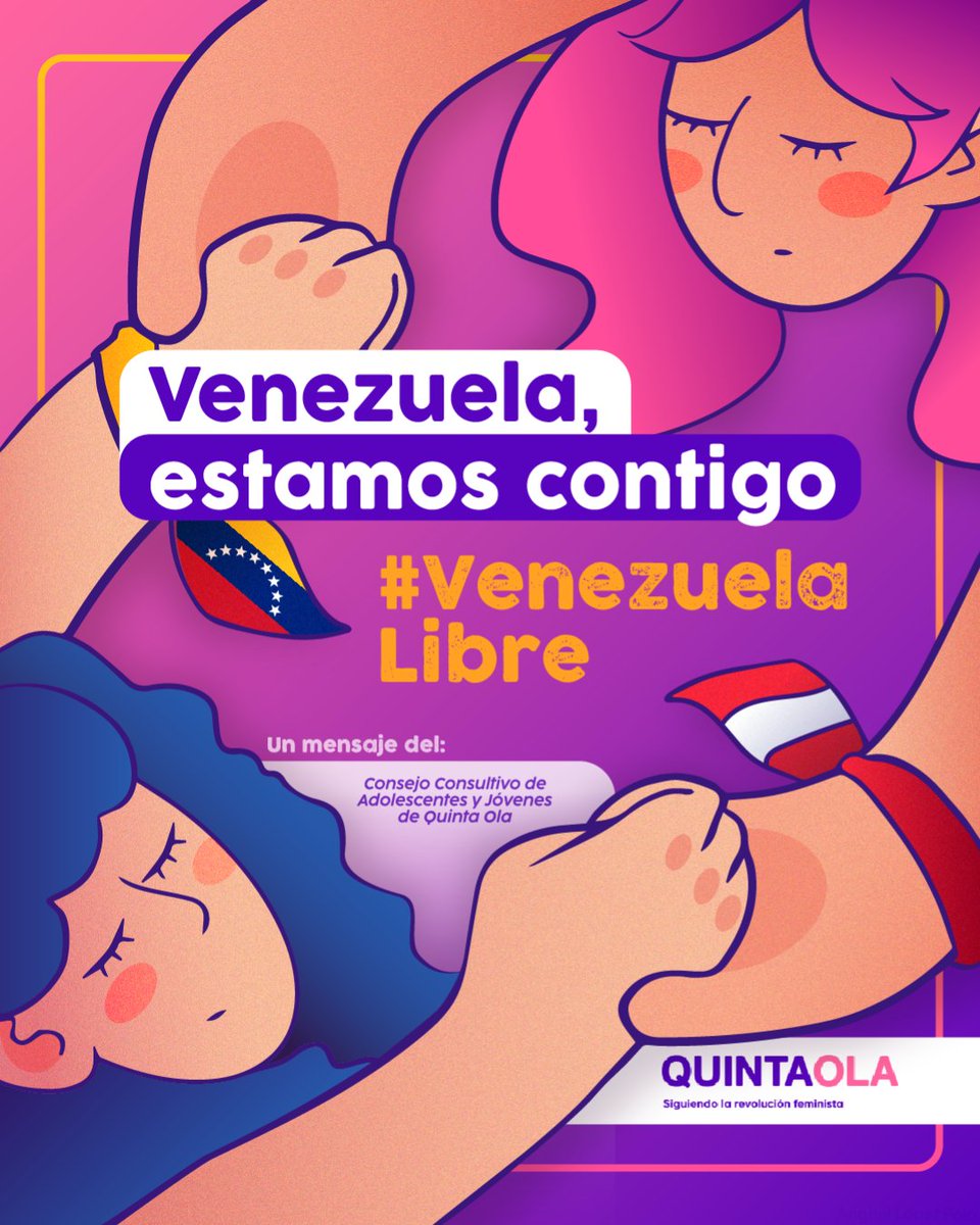 QuintaOlaPeru's tweet photo. El Consejo Consultivo de Adolescentes y Jóvenes de Quinta Ola #CCAJ extiende su solidaridad y apoyo a sus compañeras venezolanas que residen en Perú y Venezuela con este #mensaje🫂🇻🇪.
🎨: Poderoso diseño elaborado por Anghel Lopez, activista del CCAJ. #VenezuelaLibre https://t.co/kdXXqK7yKf