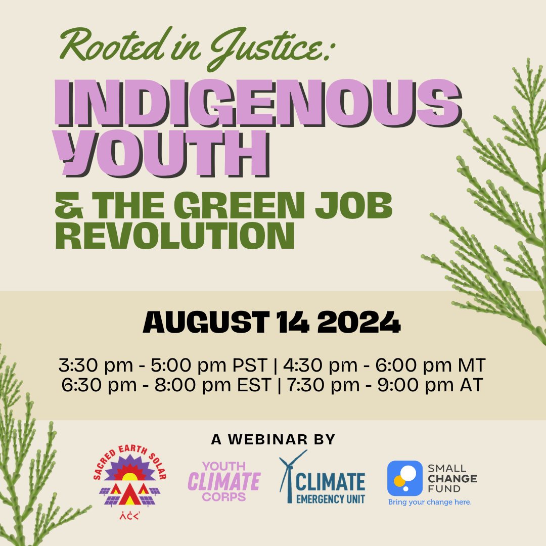 On Aug 14, join Indigenous climate justice leaders in conversation with <a href="/climate_unit/">Climate Emergency Unit</a> to collectively imagine the future of the Youth Climate Corps for Indigenous communities and how to achieve it.

RSVP for the Rooted in Justice webinar: us06web.zoom.us/webinar/regist…

@SacredEarthSOL