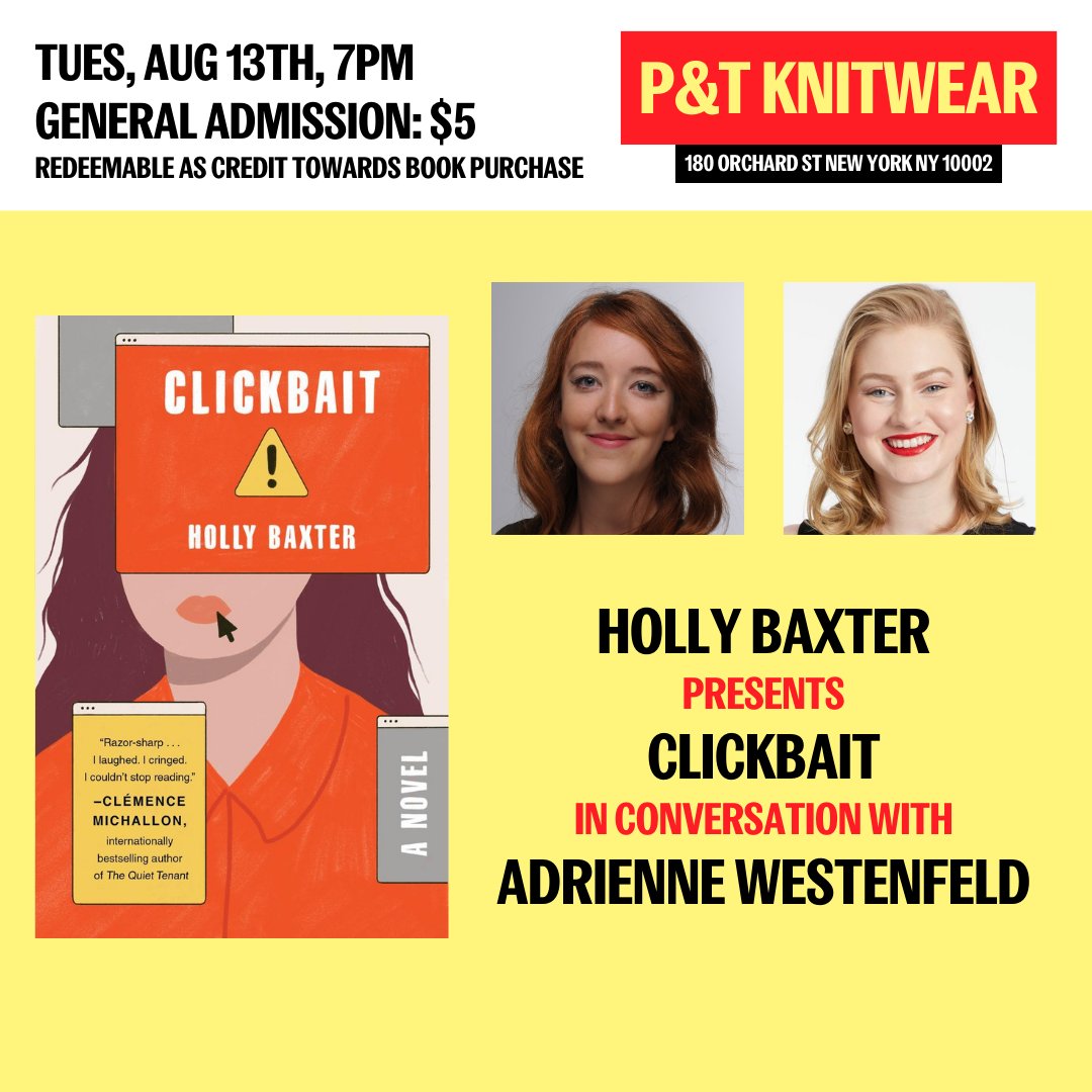 Adrienne Westenfeld (@adriennemwest) on Twitter photo One week from today! Join us at <a href="/ptknitwear/">P&T Knitwear | Books and Podcasts</a> to celebrate <a href="/h0llyb4xter/">Holly Baxter</a> and her fantastic debut novel, Clickbait! eventbrite.com/e/holly-baxter… One week from today! Join us at <a href="/ptknitwear/">P&T Knitwear | Books and Podcasts</a> to celebrate <a href="/h0llyb4xter/">Holly Baxter</a> and her fantastic debut novel, Clickbait! eventbrite.com/e/holly-baxter…