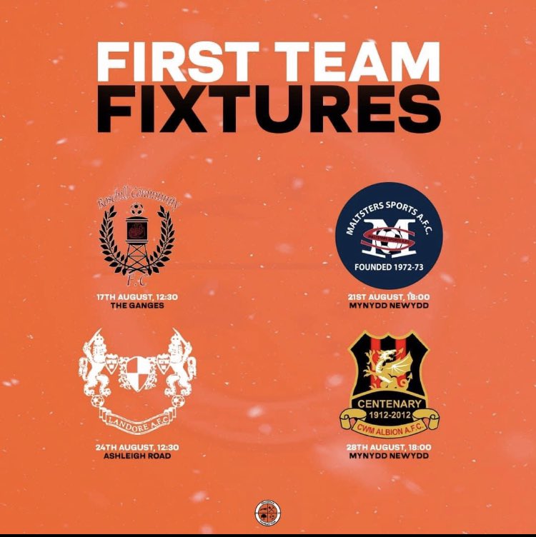 FforestfachFC's tweet photo. 𝗖𝗢𝗡𝗙𝗜𝗥𝗠𝗘𝗗 𝗙𝗜𝗫𝗧𝗨𝗥𝗘𝗦 👀 

Our first team kick off their season with an away match against Rosehill FC on the 17th of August!

Whilst our brand new second team travel to Cwmbwrla Park to take on Cwm Albion reserves on the same date.

Uppa Fach. https://t.co/m7wofGhRGP