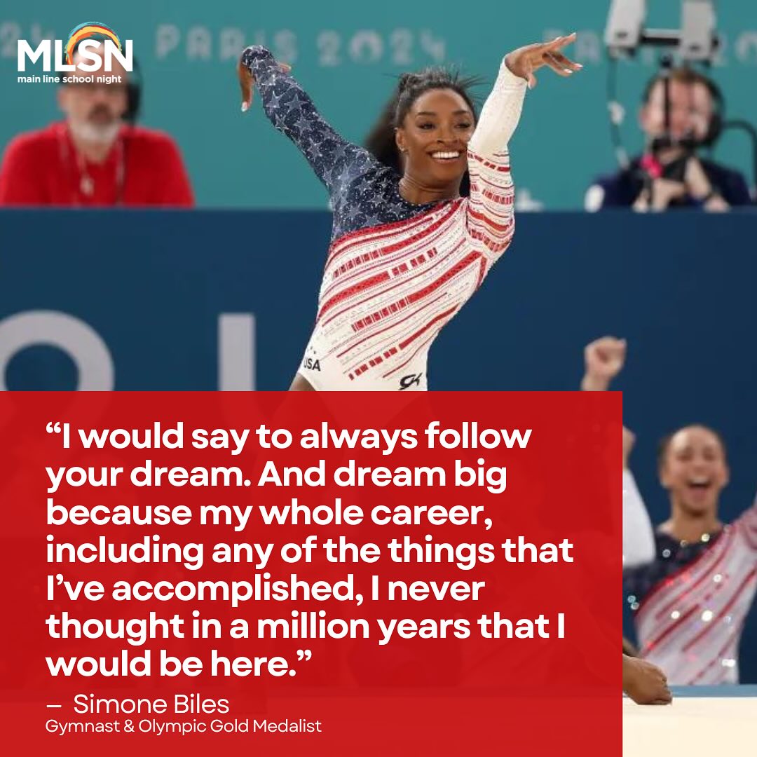 In honor of the Olympics, let’s draw some inspiration from Olympic Gold Medalist Simone Biles. Keep pursuing your dreams and think big! Check out mainlineschoolnight.org for exciting new experiences!
•
•
#mainlineschoolnight #motivationalmonday #olympics #lifelonglearning