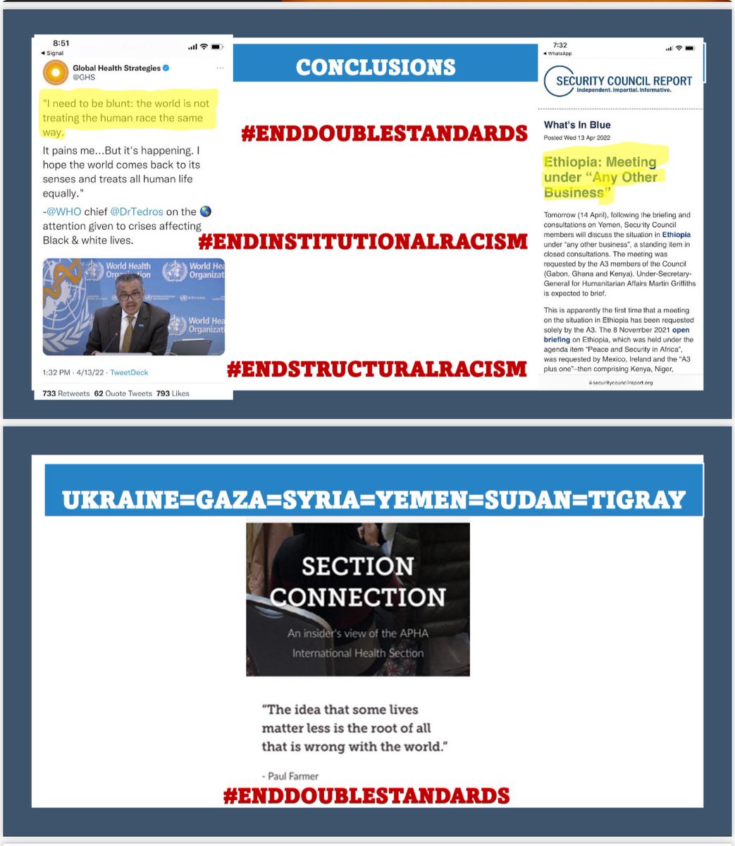 ProfMulugeta's tweet photo. 2/2 Academic institutions &amp; professional associations have moral obligation to lead efforts against weaponization of healthcare, education, food &amp; other civilian infrastructure! 
Have moral responsibility to avoid #doublestandards #InstitutionalRacism
@AmstatNews @PublicHealth https://t.co/JDv1uaJQMC