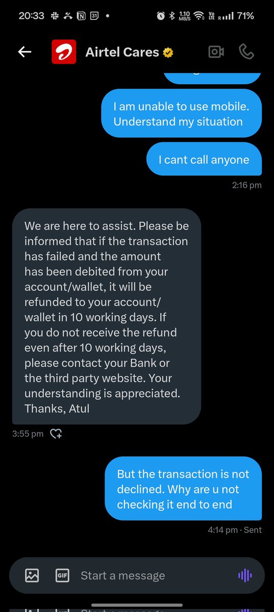 shadow4G's tweet photo. @Airtel_Presence Nothing u have given to me. All is some template msg. You replied this. I have told u that the transaction is successful. I have shared the transaction id, reference id and all the payment related id. Why can't u make this work. Already 24hrs gone and I am unable to use Airtel https://t.co/pZT8UUyOgy