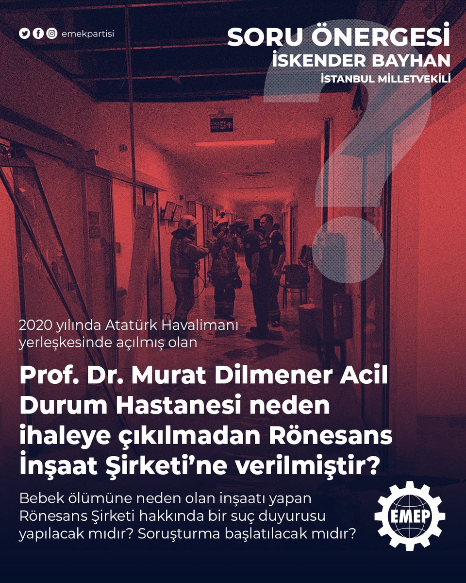 iskenderbayhn's tweet photo. Sağlık Bakanı Kemal Memişoğlu'na (@drmemisoglu) soruyoruz:

📌Prof. Dr. Murat Dilmener Acil Durum Hastanesi neden ihale yapılmadan Rönesans İnşaat'a verilmiştir?

📌Bebek ölümüne neden olan yapılaşmayı gerçekleştiren Rönesans Şirketi hakkında bir suç duyurusu veya soruşturma başlatılacak mıdır?

📌Sağlık Emekçileri Sendikasının (@sesgenelmerkezi) yazılı başvurularına rağmen neden gerekli bakımlar, tadilatlar ve denetimler yapılmamıştır?

📌Sıcak su tesisatının zeminden geçmesi gerekirken, Rönesans İnşaat Şirketi'nin bu hattı tavandan geçirme tercihinin nedeni maliyet tasarrufu mu olmuştur?
