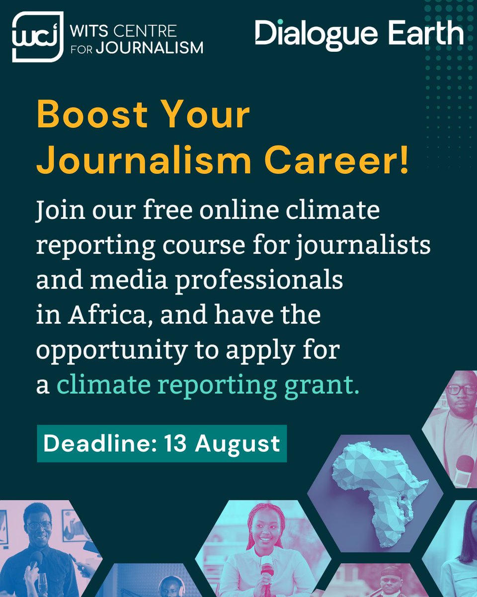 Dialogue Earth (@dialogueearth_) on Twitter photo 📢CALL FOR GRANT APPLICATIONS FROM AFRICAN JOURNALISTS
Introducing our FREE online climate reporting course for African journalists!
Step 1: Complete the course
dialogue.earth/en/climate/rep…
Step 2: Apply for one of ten reporting grants
africachinareporting.com/call-for-repor…
📅 Deadline: August 13th 📢CALL FOR GRANT APPLICATIONS FROM AFRICAN JOURNALISTS
Introducing our FREE online climate reporting course for African journalists!
Step 1: Complete the course
dialogue.earth/en/climate/rep…
Step 2: Apply for one of ten reporting grants
africachinareporting.com/call-for-repor…
📅 Deadline: August 13th