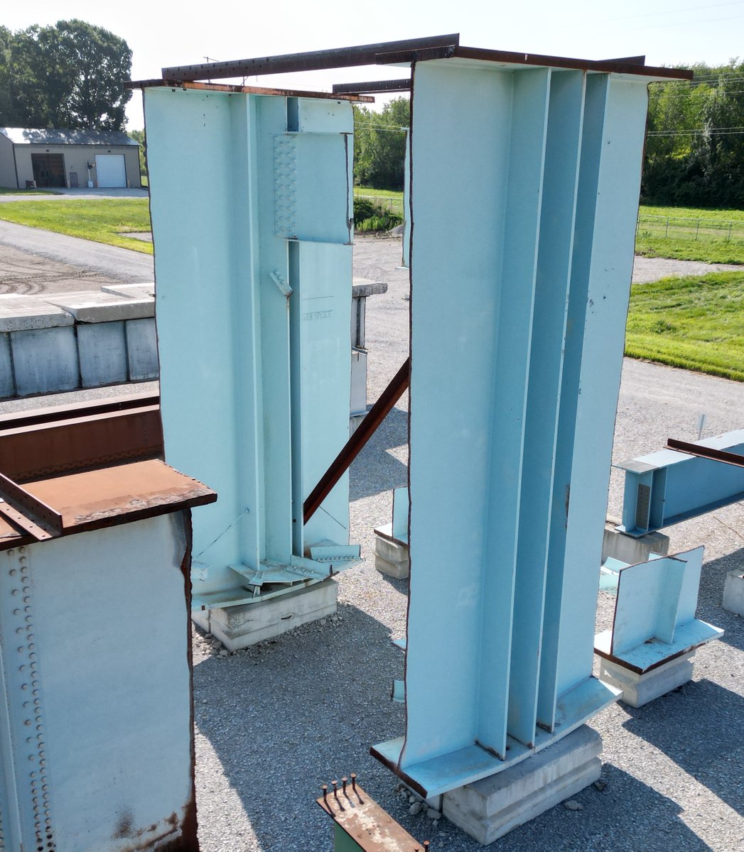 SBRITE_Center's tweet photo. #SBRITE is the proud home of these 21'-10" deep #bridge girders that carried 450-foot span of I-90 across the #MississippiRiver near Dresbach, MN. These donated specimens showcase simple and effective retrofits performed at the intersection of welds on a lateral gusset plate. https://t.co/EqoPgHJMoX