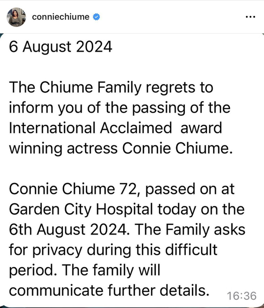 tumisole's tweet photo. Rest in Perfect Peace Mam’ Connie

You gave us a lifetime of memories on our screens. 

Condolences to the family, industry colleagues and friends. 

#RIPConnieChiume https://t.co/29bGE30dQM