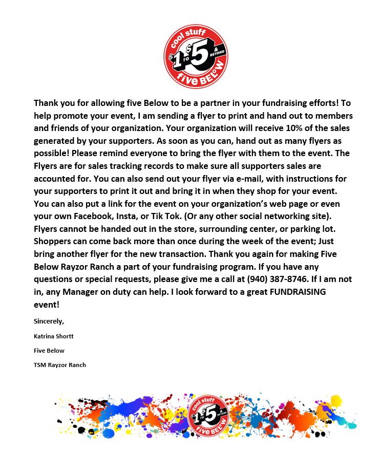 Join us in supporting Denton Preschool in their fundraising event at Five Below! Shop with a flyer provided by them, and their organization will receive 10% of the sales generated. Don't forget to bring the flyer with you when you shop. Thank you for your support!