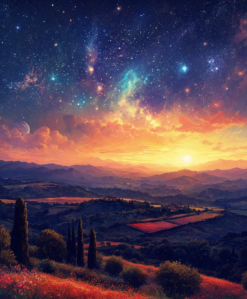 halfof333Ai's tweet photo. A beautiful sky stretching over a vast magical landscape at sunset.
#art #NatureTherapy #SunsetDay #BeautyInNature https://t.co/xFzdxfpJuf