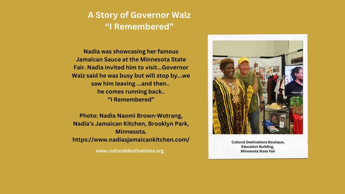 EnjoyCultures's tweet photo. Nadia was showcasing her famous Jamaican sauce at the Cultural Destination Boutique, MN State Fair. She saw Governor Walz and asked him to visit...she thought he forgot but..."I Remembered" #EnjoyCultures #Nadia's Jamaican Kitchen #TimWalz #KamalaHarris #CulturalDestinations https://t.co/CZXvkzqkx7