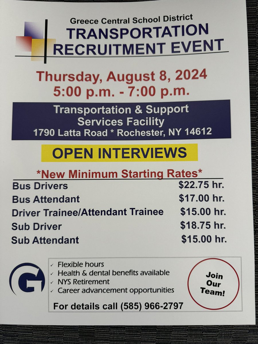 GCSDDRichardson's tweet photo. This Thursday, Greece Central will be conducting a job and recruitment fair for anyone interested in being a Bus Driver or Bus Attendant.  We’d love to have you join our team!  No experience necessary and paid training provided. @GreeceCentral @GCSDsuper @NYAPTSchoolBus https://t.co/KItnVAHj5C