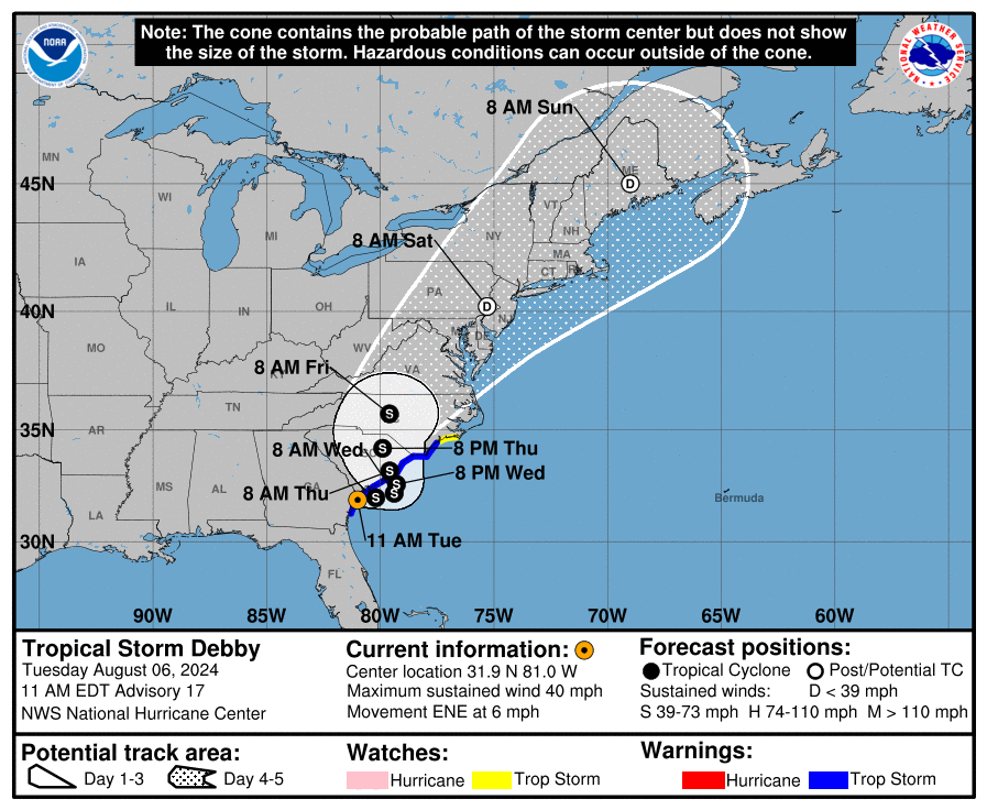 Too early for details, but chances are increasing for the remnants of tropical storm Debby tracking through Maryland Friday night with gusty winds, t'storms, and heavy rain. Stay tuned.