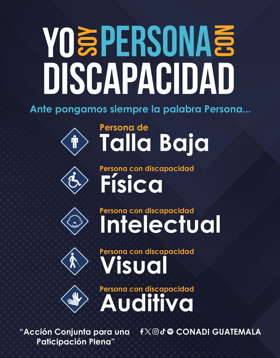 Compartimos terminología sobre discapacidad.
YO SOY PERSONA CON DISCAPACIDAD:

Ante pongamos siempre la palabra Persona...

Persona de Talla Baja
Persona con discapacidad Física
Persona con discapacidad Intelectual
Persona con discapacidad Visual
Persona con discapacidad Auditiva