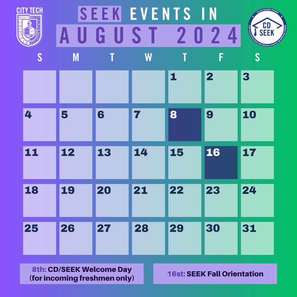 citytechseek's tweet photo. We're turning a new page this August as the Fall 2024 semester begins. 📖

We're welcoming the upcoming freshmen with our SEEK Events this month, including CD/SEEK Welcome Day and SEEK Fall Orientation. 🎒 https://t.co/xUV0M5PmpL