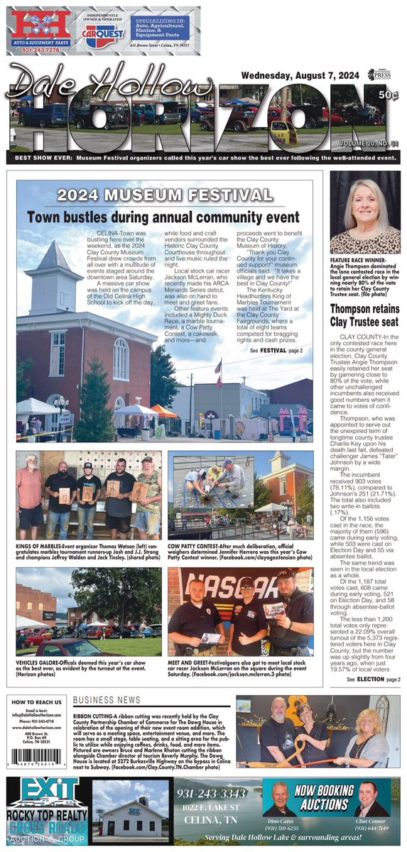 IN THIS WEEK’S NEWSPAPER:

Read about and see scenes from this year’s Museum Festival.

Get a breakdown of local election results.

Learn about a new addition to a local business.

And find more coverage of all things Clay County in this week’s edition of the Dale Hollow Horizon.