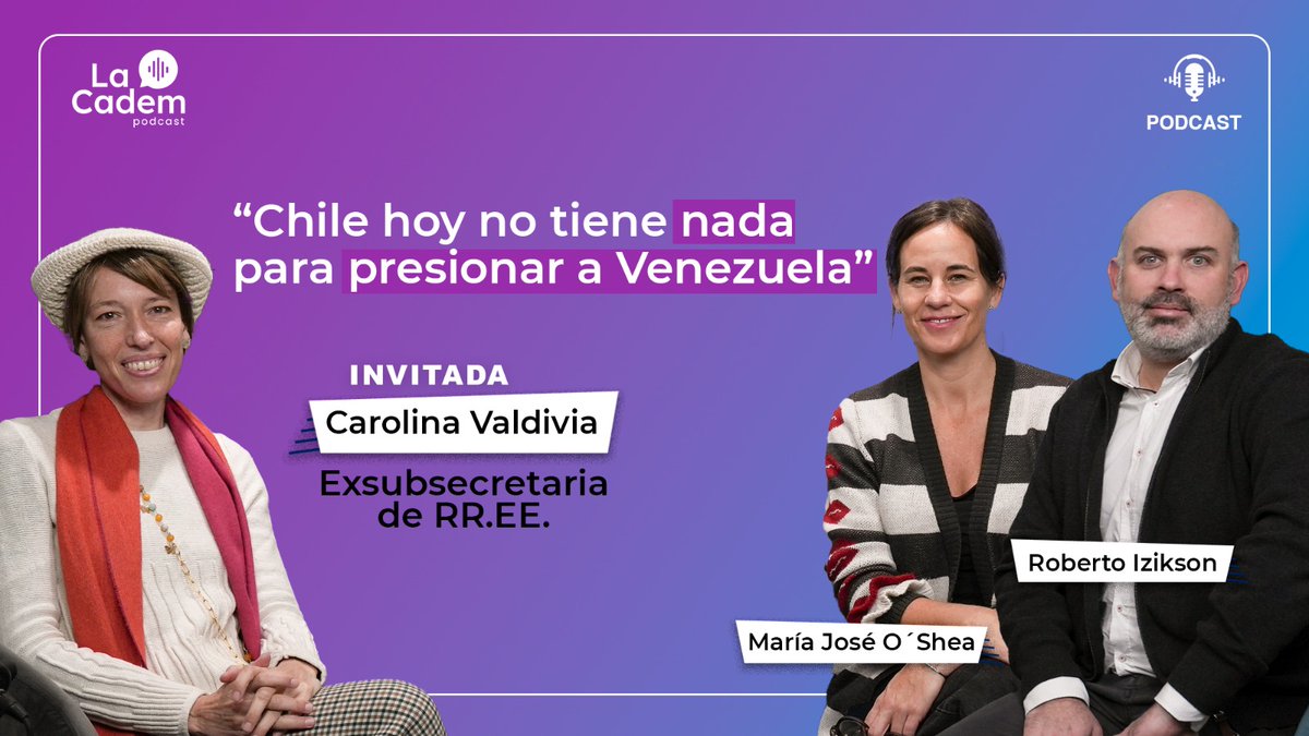 Cadem_cl (@cadem_cl) on Twitter photo En #LaCadem 🎙, <a href="/joseoshea/">María José O'Shea</a> y <a href="/rizikson/">Roberto Izikson</a> conversan con <a href="/carovaldiviat/">Carolina Valdivia</a> , exsubsecretaria de Relaciones Exteriores 📚 sobre la crisis en Venezuela 🇻🇪 y la posición que ha adoptado Chile 🇨🇱.
¡🎧Escúchalo acá bit.ly/3AofPv9 !
#politica #chile #venezuela #elecciones En #LaCadem 🎙, <a href="/joseoshea/">María José O'Shea</a> y <a href="/rizikson/">Roberto Izikson</a> conversan con <a href="/carovaldiviat/">Carolina Valdivia</a> , exsubsecretaria de Relaciones Exteriores 📚 sobre la crisis en Venezuela 🇻🇪 y la posición que ha adoptado Chile 🇨🇱.
¡🎧Escúchalo acá bit.ly/3AofPv9 !
#politica #chile #venezuela #elecciones