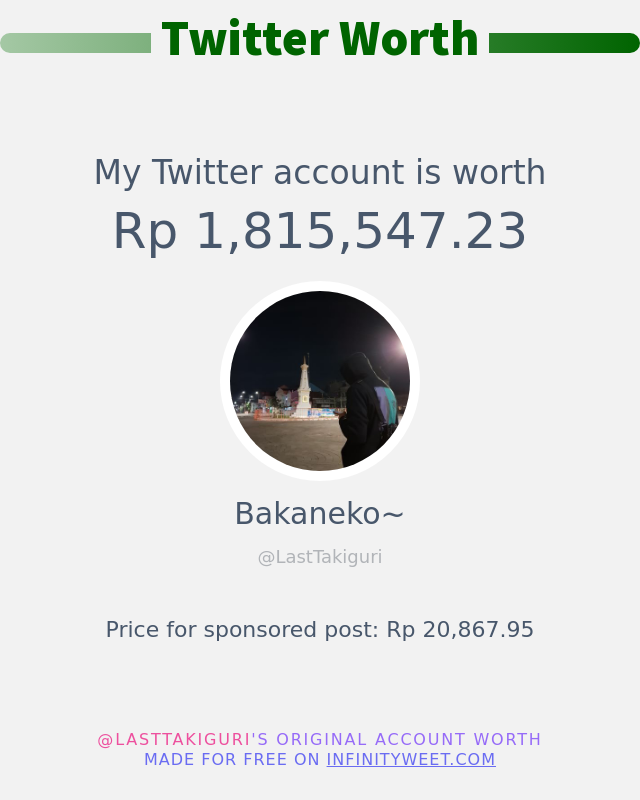 LastTakiguri's tweet photo. Nilai Twitter Saya adalah: Rp 1,815,547.23

➡️ https://t.co/WdXEVboCTH https://t.co/GMnmXIhwF2