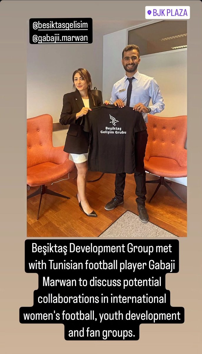 Başkanımız Sn Av. Ece ILDIR Tunuslu profesyonel futbolcu Marwan Gabaji ile bir araya geldi.

Altyapılar, Kadın Futbolu ve Taraftar Grupları konularında fikir alışverişinde bulunuldu.

#BeşiktaşGelişimGrubu #BeşiktaşJK #Besiktas #BJK #SiyahBeyazınPeşinde #KaraKartal #Tunus #futbol