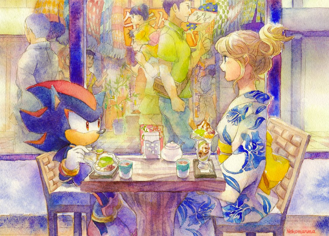 Shadow and Maria are taking a break at a coffee shop after visiting the Japanese summer festival "Sendai Tanabata Festival"! I painted this with transparent watercolors .🎋🍵
#ShadowTheHedgehog