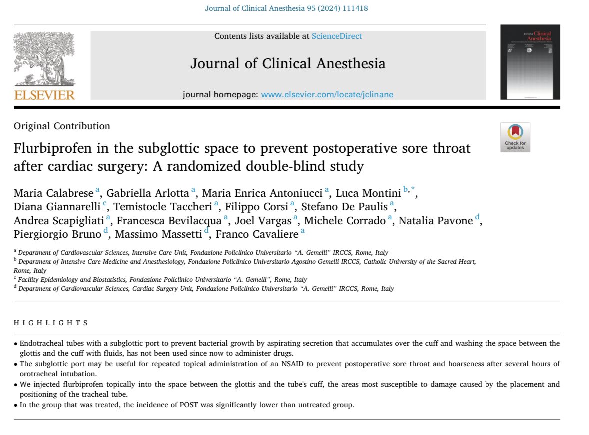 This new #RCT found that application of NSAIDs via the subglottic port of endotracheal tubes prevents postoperative sore throat after cardiac surgery. 

The incidence of sore throat in the placebo group was 100%, but only 5.9% in the NSAID group. 

🔗doi.org/10.1016/j.jcli…