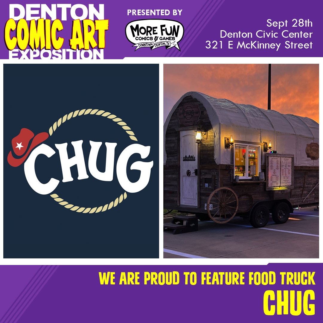 dentoncomicart's tweet photo. The 2024 Denton Comic Art Expo will feature food trucks and sweet treats, including Chug It!
Join us on September 28th at the Denton Civic Center.
For more information visit https://t.co/4LzBtKh5Pf https://t.co/EJYrvm4pAE