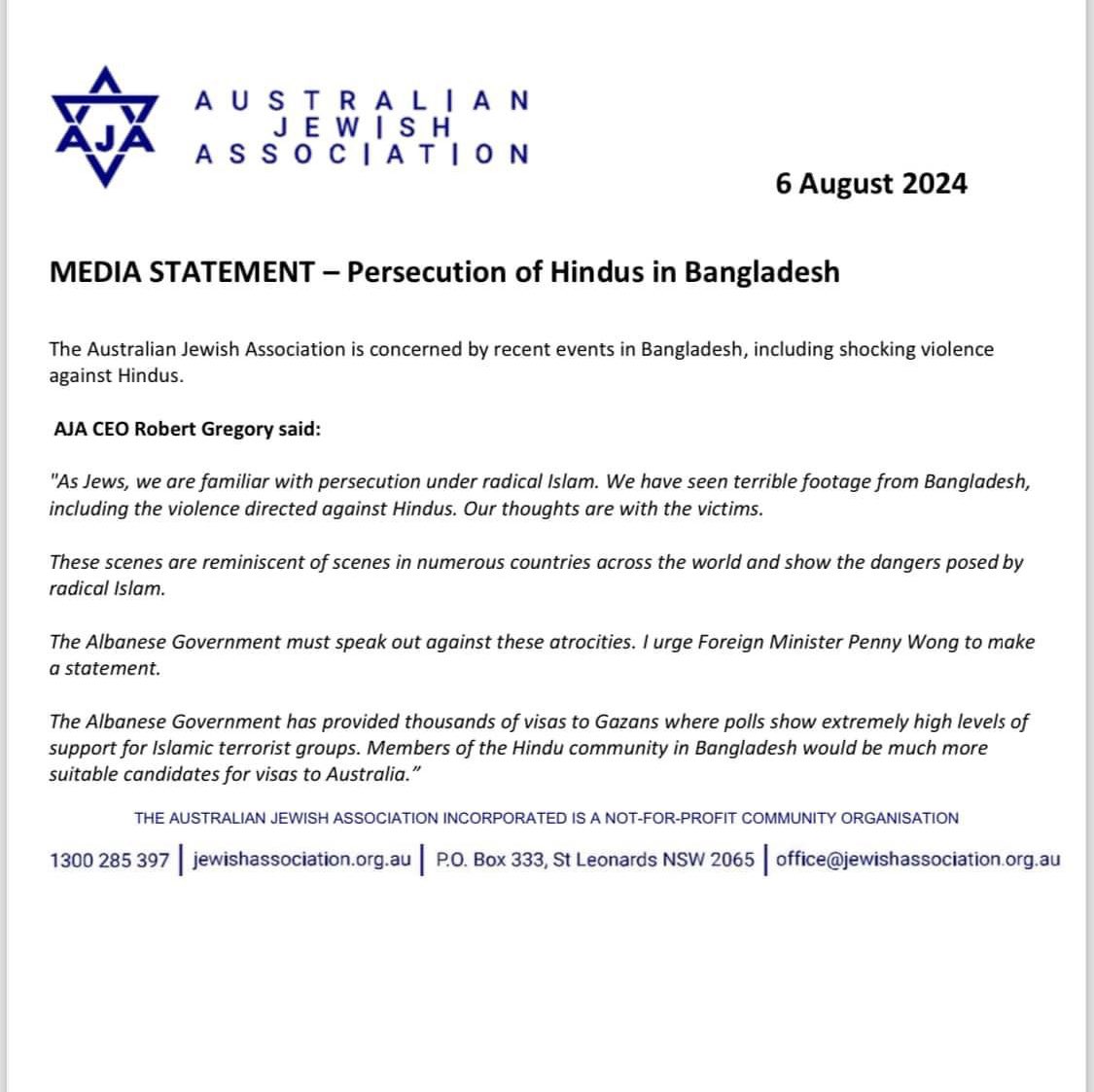 Australian Jewish Association condemns persecution of Hindus in Bangladesh.