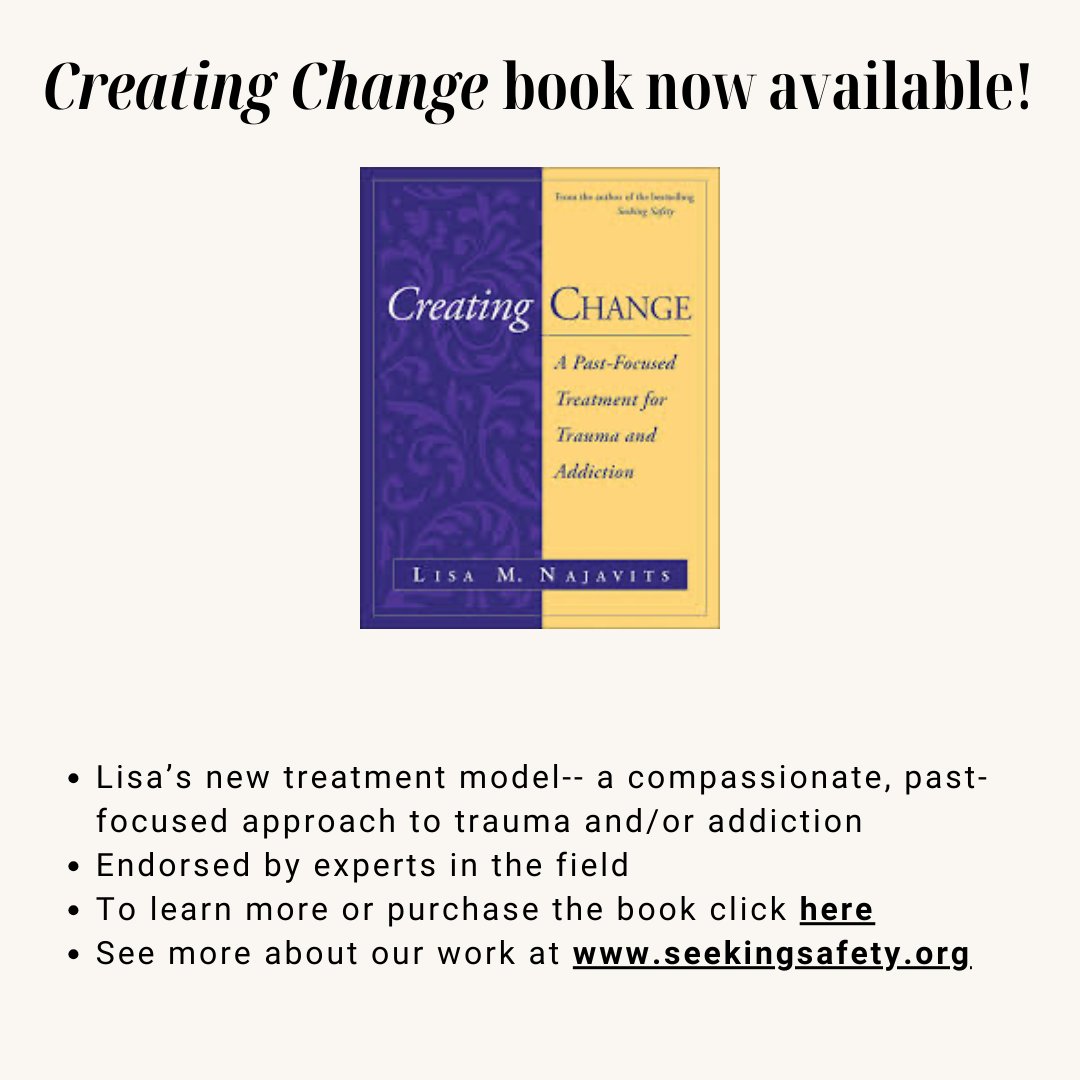 Seeking_Safety's tweet photo. Lisa's new book, Creating Change, is now available! Endorsed by experts in the field, a new past-focused approach to trauma and/or addiction click here: https://t.co/zhPwoUb1K4 https://t.co/QQbBm52DzD