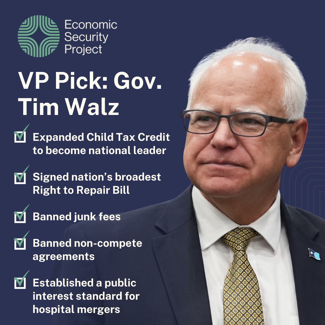 📣 <a href="/GovTimWalz/">Governor Tim Walz</a> believes a strong economy relies on supporting families, public investment, and fair markets that work for consumers and small biz. He’s led on:

✅ The boldest state #CTC
✅ Supporting the Right to Repair 
✅ Banning non-competes &amp; junk fees

And much more!