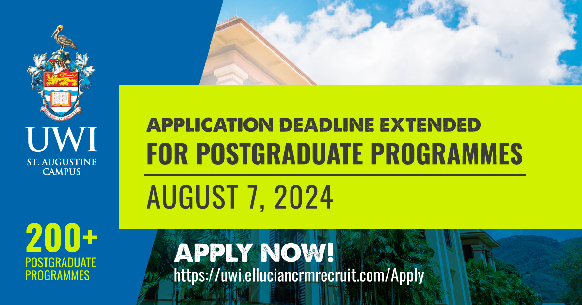 UWI_StAugustine's tweet photo. Still interested in furthering your career with a Postgraduate degree?  

APPLY TODAY! Our application deadline for Postgraduate programmes has been extended to tomorrow,  Wednesday, August 7th, 2024! 

There's still time to #BeUWI. Apply today at  https://t.co/PE2Z8fN8b0 https://t.co/MbPBgXGPwv