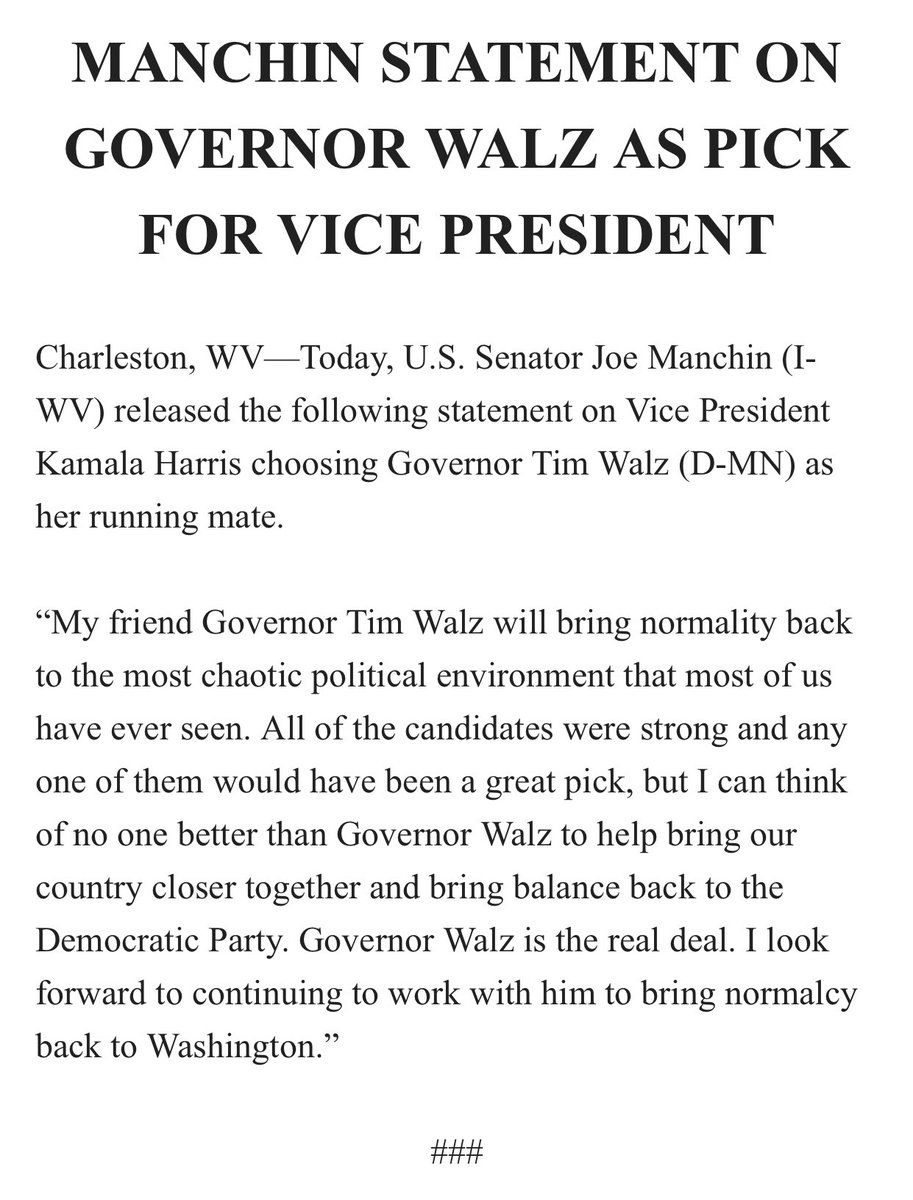 AOC and Manchin out with enthusiastic praise of Tim Walz as VP pick