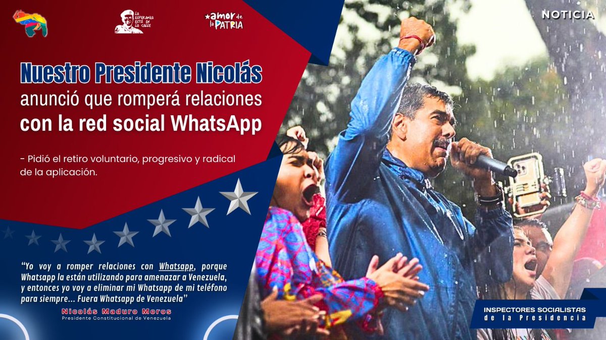 CISPAlDia Desde el <a href="/CISPZulia/">Inspectores Socialistas Zulia</a> nos unimos en apoyo a nuestro C/J  <a href="/NicolasMaduro/">Nicolás Maduro</a> y nuestro Pueblo Venezolano, así de manera unánime e irrestricta rompemos relaciones con WhatsApp, y nos unimos al boicot contra esta red.
#FueraWhatsAppDeVenezuela
<a href="/ACoronadoVzla/">Anibal Eduardo Coronado Millán</a> 
<a href="/CISPresidencial/">Cuerpo de Inspectores Socialista de la Presidencia</a>