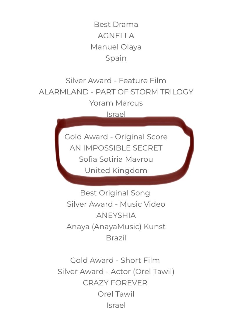 Gae41Gae's tweet photo. Wow!!! 😮 🎶👍

Thank you to Sofia Sotiria Mavrou for submitting my score.

The film "An Impossible Secret" will be screened at the following theatre in L.A.  https://t.co/N1EFzcdHk1

#hollywood #goldaward #originalscore https://t.co/P8zvm34Ru4