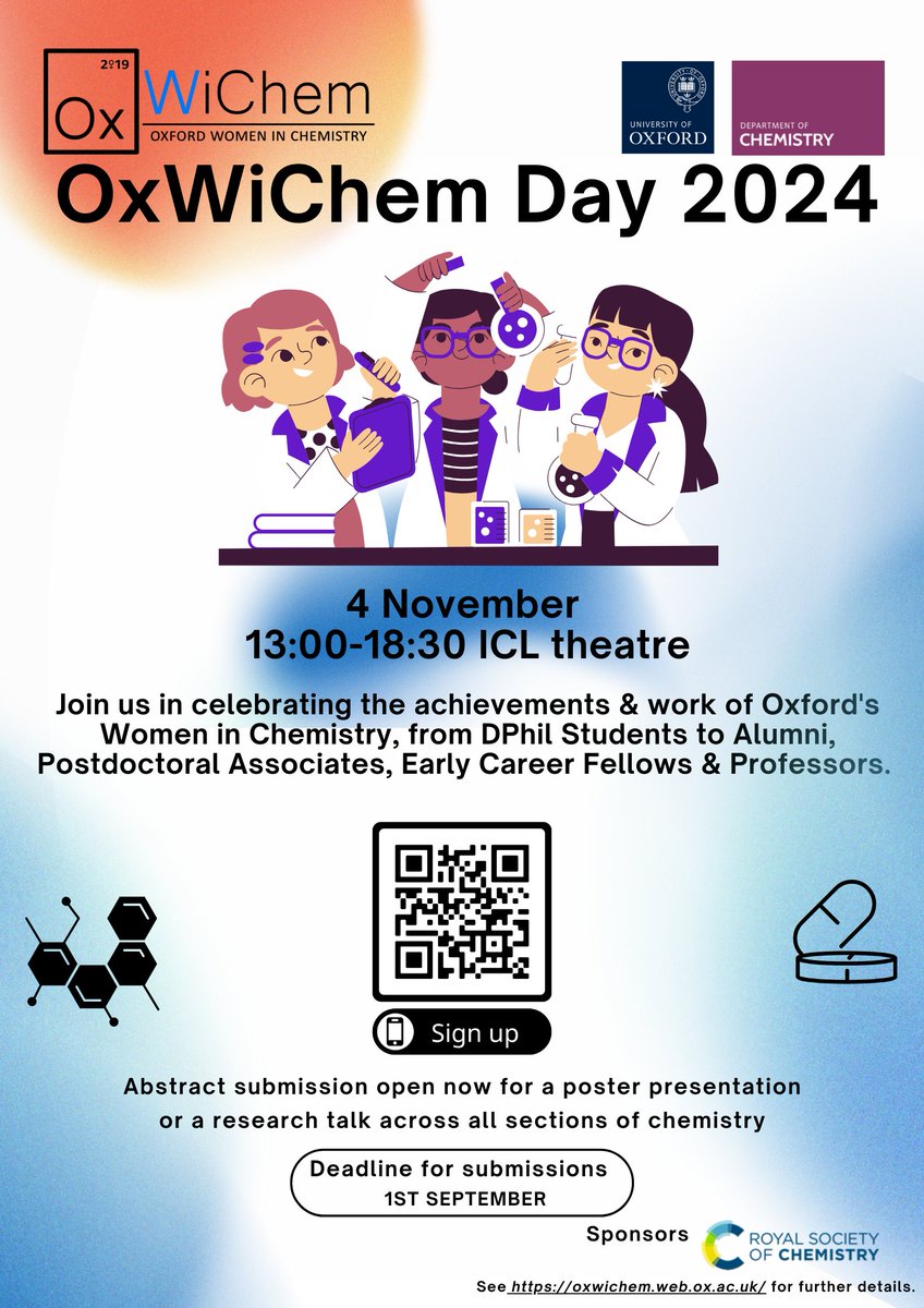 Oxford Women in Chemistry (@oxwichem) on Twitter photo Join us at OxWiChem Day 2024, a half-day symposium sponsored by <a href="/RoySocChem/">Royal Society of Chemistry</a>.
Save the date as we celebrate the achievements of Oxford's Women in Chemistry across the board.
Abstract submission open now.
Deadline: 1st September, 11 pm <a href="/OxfordChemistry/">Oxford Chemistry</a> Join us at OxWiChem Day 2024, a half-day symposium sponsored by <a href="/RoySocChem/">Royal Society of Chemistry</a>.
Save the date as we celebrate the achievements of Oxford's Women in Chemistry across the board.
Abstract submission open now.
Deadline: 1st September, 11 pm <a href="/OxfordChemistry/">Oxford Chemistry</a>