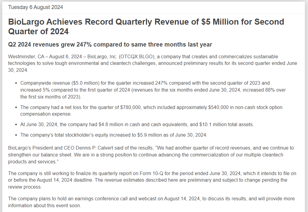 ToddAnalytics's tweet photo. #BioLargo Achieves Record Quarterly Revenue of $5 Million for Second Quarter of 2024.๐ฅ
Q2 2024 revenues grew 247% compared to same three months last year. ๐คฏ
Plenty of $BLGO archived coverage at https://t.co/TioW3HVntI spanning back to 2023. ๐ช #tradersque https://t.co/2gighnzsrf