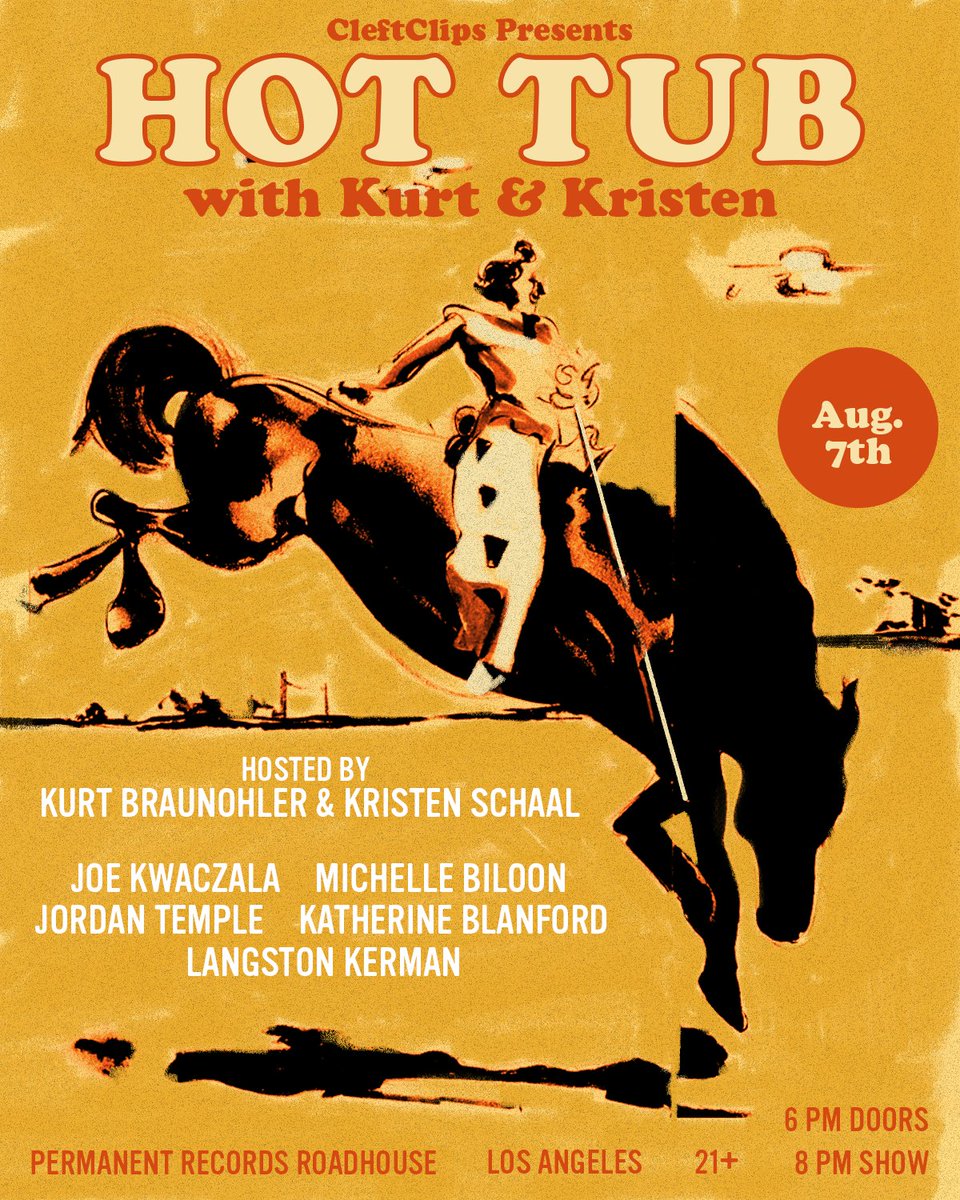 Hot Tub With Kurt & Kristen (@hottub_show) on Twitter photo Tomorrow night at <a href="/Permanent_LA/">Permanent Records LA</a>
AUGUST 7th
~with~
<a href="/LangstonKerman/">Rancho Coochiemuncha</a>
<a href="/thebizznizz/">Katherine Blanford</a>
<a href="/jordyploy/">Jordan Temple</a>
<a href="/joekjoek/">Joe Kwaczala</a>
<a href="/biloon/">Michelle Biloon (she/her)</a>
See you there!
Advance tix for this week and future shows: cleftclips.ticketsauce.com
6pm doors, 8pm show
Poster by <a href="/bienvenidez/">Isaac Benavidez</a> Tomorrow night at <a href="/Permanent_LA/">Permanent Records LA</a>
AUGUST 7th
~with~
<a href="/LangstonKerman/">Rancho Coochiemuncha</a>
<a href="/thebizznizz/">Katherine Blanford</a>
<a href="/jordyploy/">Jordan Temple</a>
<a href="/joekjoek/">Joe Kwaczala</a>
<a href="/biloon/">Michelle Biloon (she/her)</a>
See you there!
Advance tix for this week and future shows: cleftclips.ticketsauce.com
6pm doors, 8pm show
Poster by <a href="/bienvenidez/">Isaac Benavidez</a>