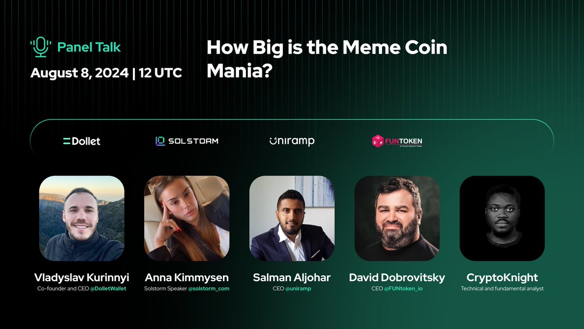 How Big is the #memecoin Mania? 
Let’s cover this topic 👇

📆 August 8 | 12 UTC
 📍 x.com/i/spaces/1OwxW… 
 🎤 Speakers: <a href="/solstorm_com/">SOUNDSFUN</a>, @pinkglasses1_, <a href="/bleezysmart/">CryptoKnight</a>, <a href="/uniramp/">Uniramp</a>, <a href="/V_dollet/">Vladyslav</a>.
 
 🌱 Grow your knowledge, and join us!