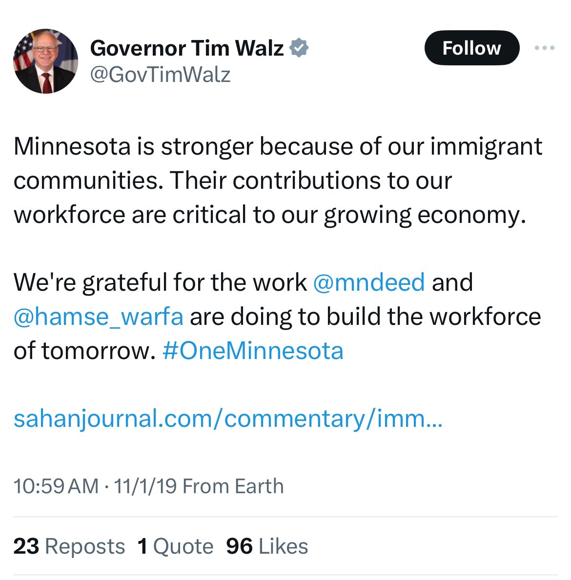 A quick sampling of Tim Walz tweets on immigration.

❌ Trump’s Family Separation policy
❌ Diverting military funds for Border Wall
✅ Pathway to citizenship for Dreamers
✅ Recognizing enormous economic and labor contributions from immigrants