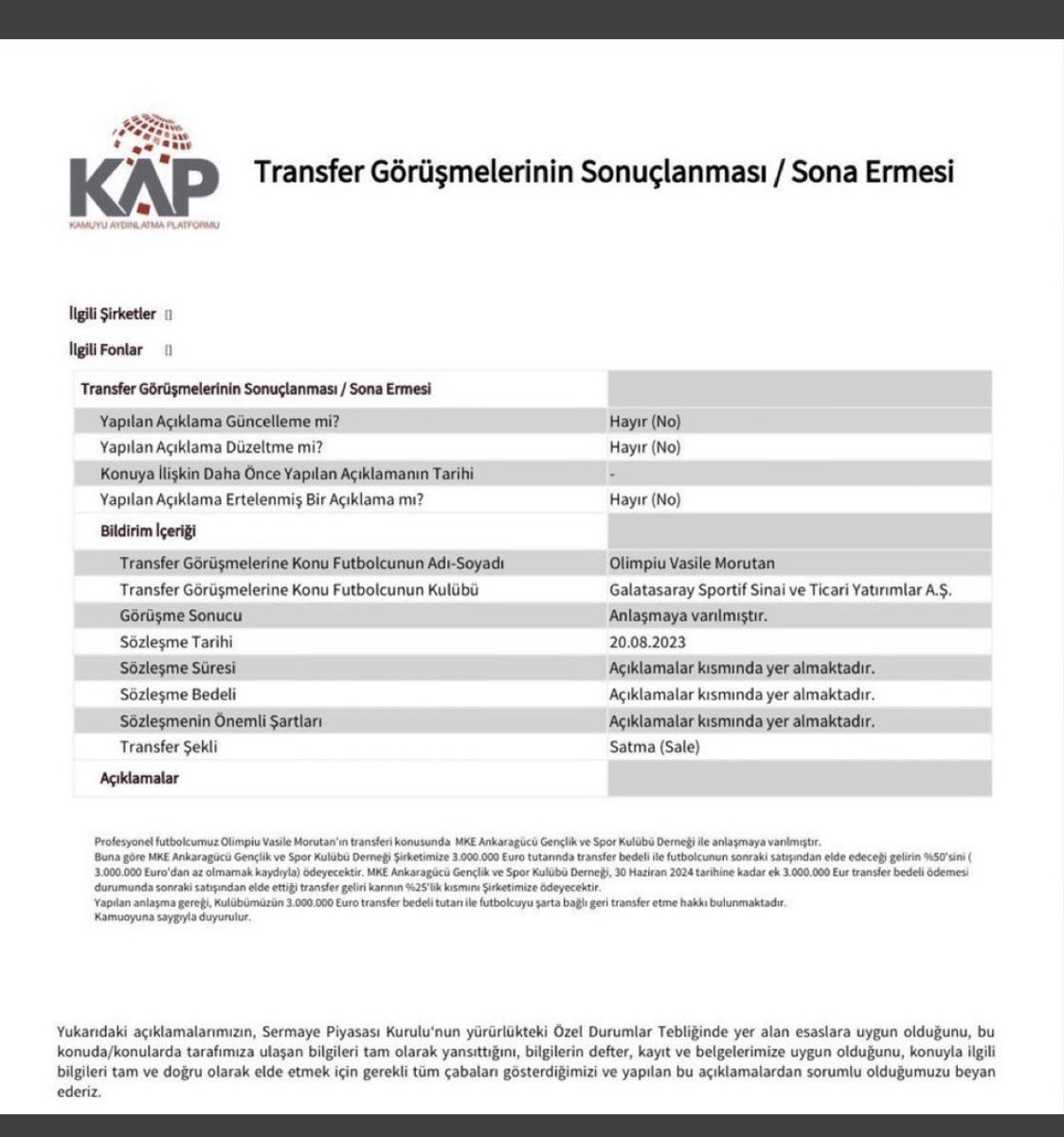 Morutan'ın transferi üç kağıtla limit açmak için kullanıldı.
TFF'den ses yok. Savcılık vs. herhangi bir devlet kurumundan da ses yok. 
Bunlar üç kağıt yapabildikleri, kendilerine göz yumulan, her türlü dalavereyi çevirebilecekleri ülkeyi seviyorlar.
Yurt sevgileri kendilerinin