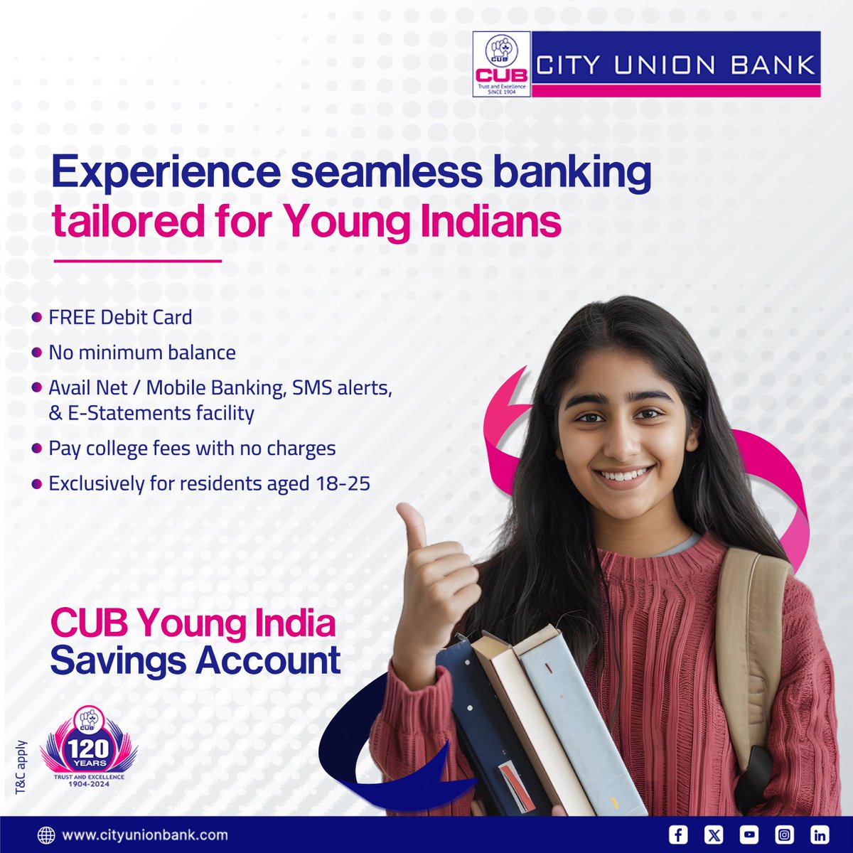 cubltd's tweet photo. Enrich your finances with CUB's Young India Savings Account! 💸
Click here to open your account instantly --> https://t.co/nUJcSEJcMK

#YoungIndia #SavingsAccount #StudentAccount #120YearsBanking #cubltd #cityunionbank #cubconvenientbanking https://t.co/kqwpO7fILi