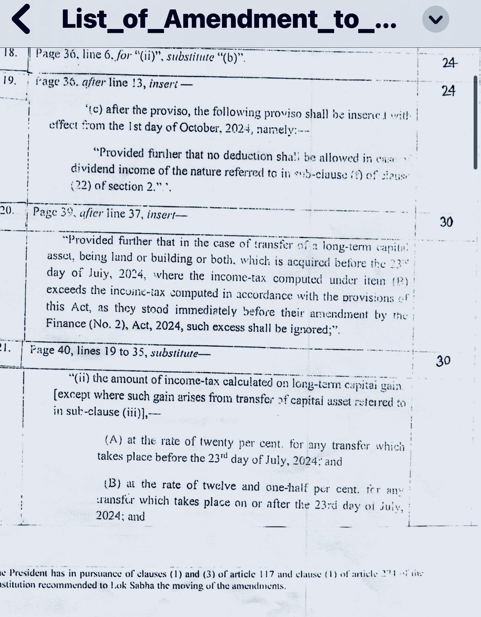 szarabi's tweet photo. Big relief on immovable property transaction capital gains front.

In the case of transfer of a long-term capital asset (land or building or both) by an individual or HuF, which is acquired before the 23rd day of July, 2024, the taxpayer can compute taxes under the new scheme at 12.5% without indexation, and old scheme at 20% with indexation] and pay such tax which is lower of the two.

Finance Minister Nirmala Sitharaman to move amendments to the Finance Bill 2024-25 including the contentious proposals on removal of indexation benefit for capital gains on property.

Effectively, July 23rd, 2024 is now set as the cut-off date for the calculation of the capital gains versus the earlier cut-off of 2001 that had caused a lot of concern over its impact on long time owners of property assets.

With this change, that provides flexibility of two tax rates with and without indexation, PM Modi’s govt has tried to address the angst that had been created over what was perceived as a ‘retrospective’ tax move. 

There were also concerns that the original proposal would have led underreporting of transaction values and the increased use of cash in real estate deals.

#BreakingNews‌ 
@business_today