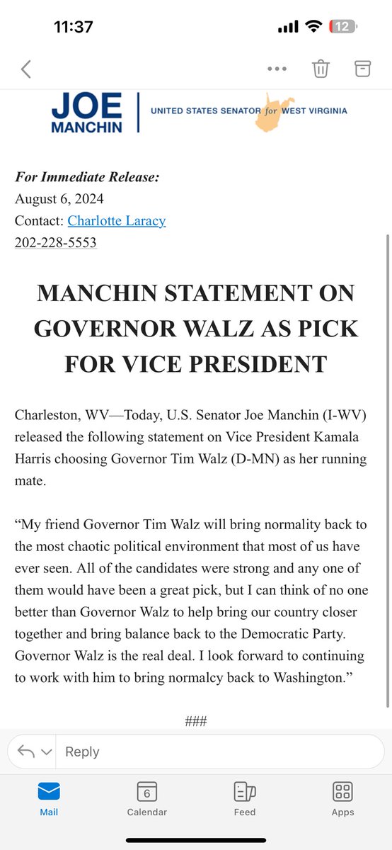 Dave Mistich (@davemistich) on Twitter photo For a guy who seemed to be flirting with a White House run — and at the very least saw Harris’ unchallenged ascension as nominee as problematic, <a href="/Sen_JoeManchin/">Senator Joe Manchin</a> seems to have quite the positive take on Walz: For a guy who seemed to be flirting with a White House run — and at the very least saw Harris’ unchallenged ascension as nominee as problematic, <a href="/Sen_JoeManchin/">Senator Joe Manchin</a> seems to have quite the positive take on Walz: