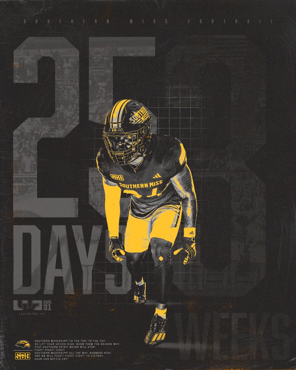 SouthernMissFB's tweet photo. 2⃣5⃣ DAYS OUT ‼️

🎟️ » https://t.co/BXz8lYhFMN https://t.co/nIJ5dS88qA