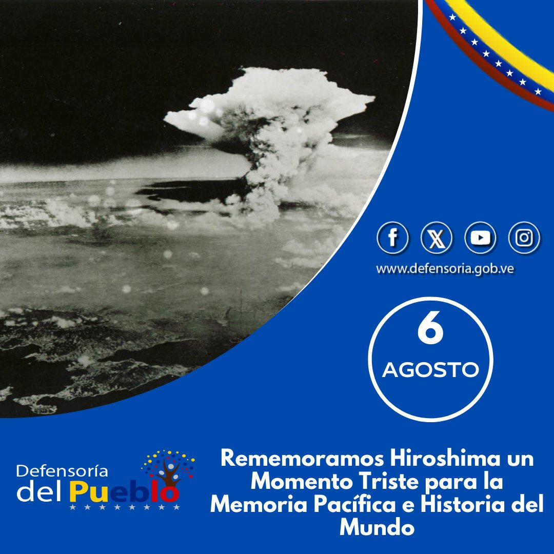 #Efemeride Hoy #06Agosto rememoramos un momento triste para la memoria pacifista y la historia del mundo. EEUU lanza en Hiroshima, Japón, la I bomba atómica de la historia (1945).. La bomba destruye la ciudad y mata a decenas de miles de civiles.