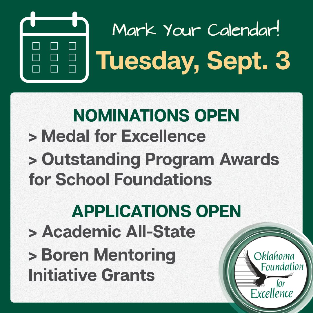 On Sept. 3, OFE will open applications/nominations for Academic All-State, Boren Mentoring Initiative, Medal for Excellence and Outstanding Program Awards for Oklahoma School Foundations. We can’t wait! 🎉 #oklaed #ofeawards