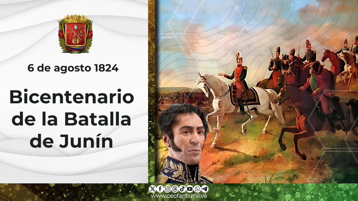 Hoy conmemoramos con orgullo el Bicentenario de la Batalla de Junín, enfrentamiento épico liderado por el Libertador Simón Bolívar, con la actuación protagónica y determinante del General en Jefe Antonio José de Sucre, que tuvo lugar el #6agosto de 1824, en la Pampa de Junín,